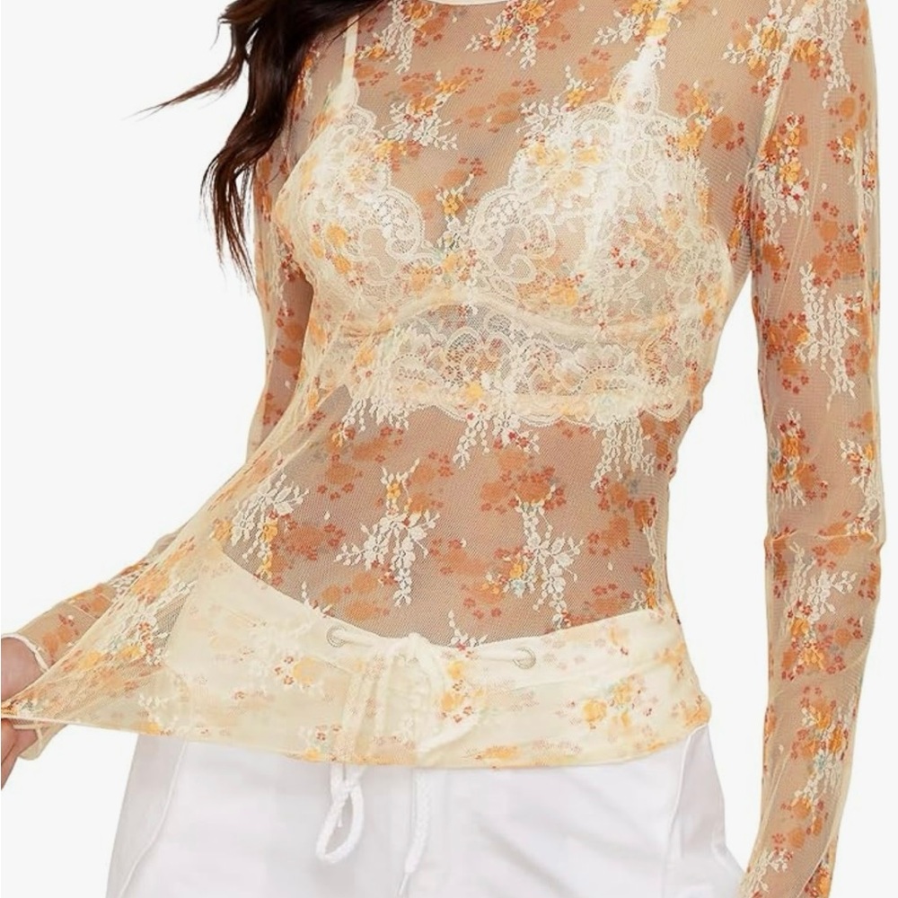 Amazon Floral Lace Sheer Top - Cream and Orange